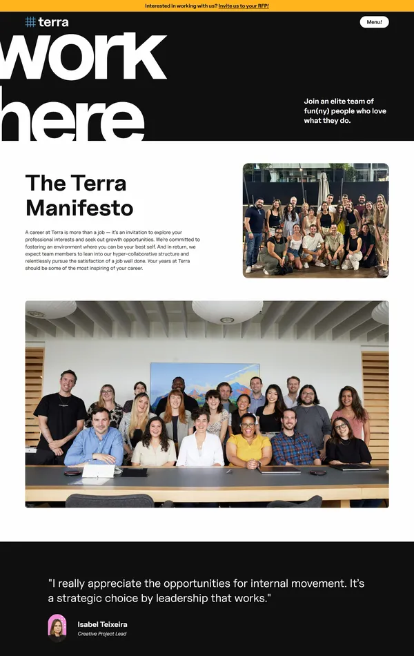 Страница карьеры Terra, тематика — Бизнес и профессиональные услуги, цвета — Белый, Черный, Серый, стиль — Корпоративный, типографика — Без засечек