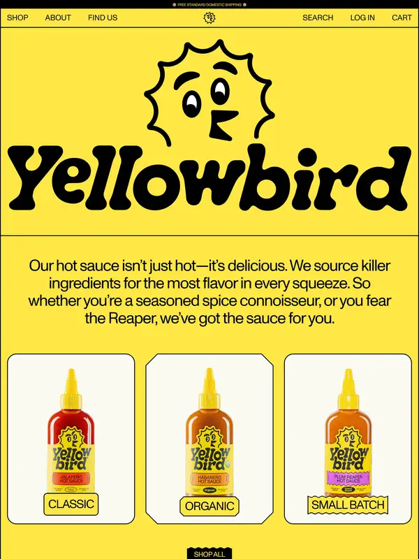 Главная Yellowbird, тематика — Еда и напитки, цвета — Желтый, Оранжевый, Коричневый, стиль — Брутализм, типографика — Без засечек, Декоративные
