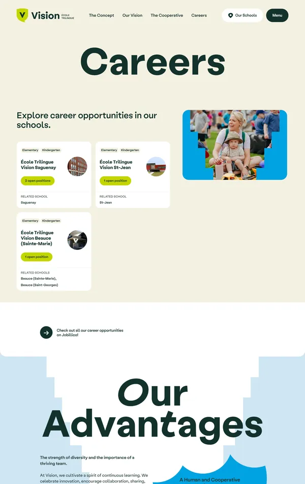 Страница карьеры Vision Trilingual School, тематика — Образование, цвета — Белый, Черный, стиль — Корпоративный, типографика — Без засечек