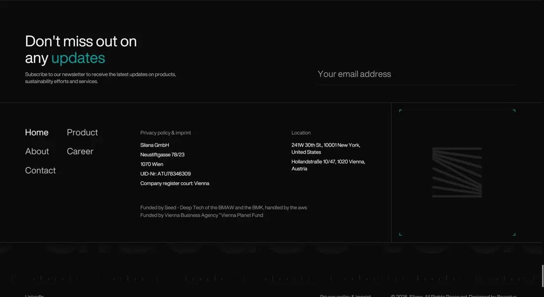 Секция «Контакты» с сайта https://www.silana.com/, тематика — Другое, цвета — Черный, стиль — Минимализм, типографика — Без засечек