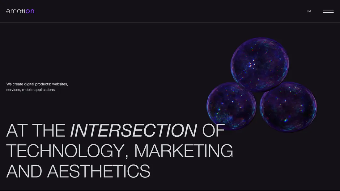 Секция «Первый экран» с сайта https://www.emotion-agency.com/en/, тематика — Дизайн, IT и программное обеспечение, цвета — Черный, стиль — Минимализм, Полигональный, типографика — Без засечек