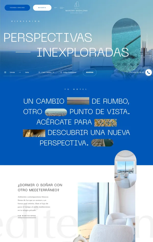 Главная Hotel Marina Badalona, тематика — Размещение, Путешествия и туризм, цвета — Белый, Серый, Синий, стиль — Корпоративный, Минимализм, типографика — Без засечек