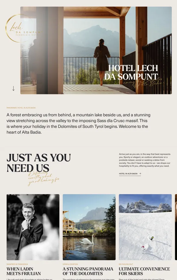 Главная Hotel Lech da Sompunt, тематика — Путешествия и туризм, цвета — Белый, Черный, Серый, стиль — Корпоративный, типографика — Без засечек, Рукописные