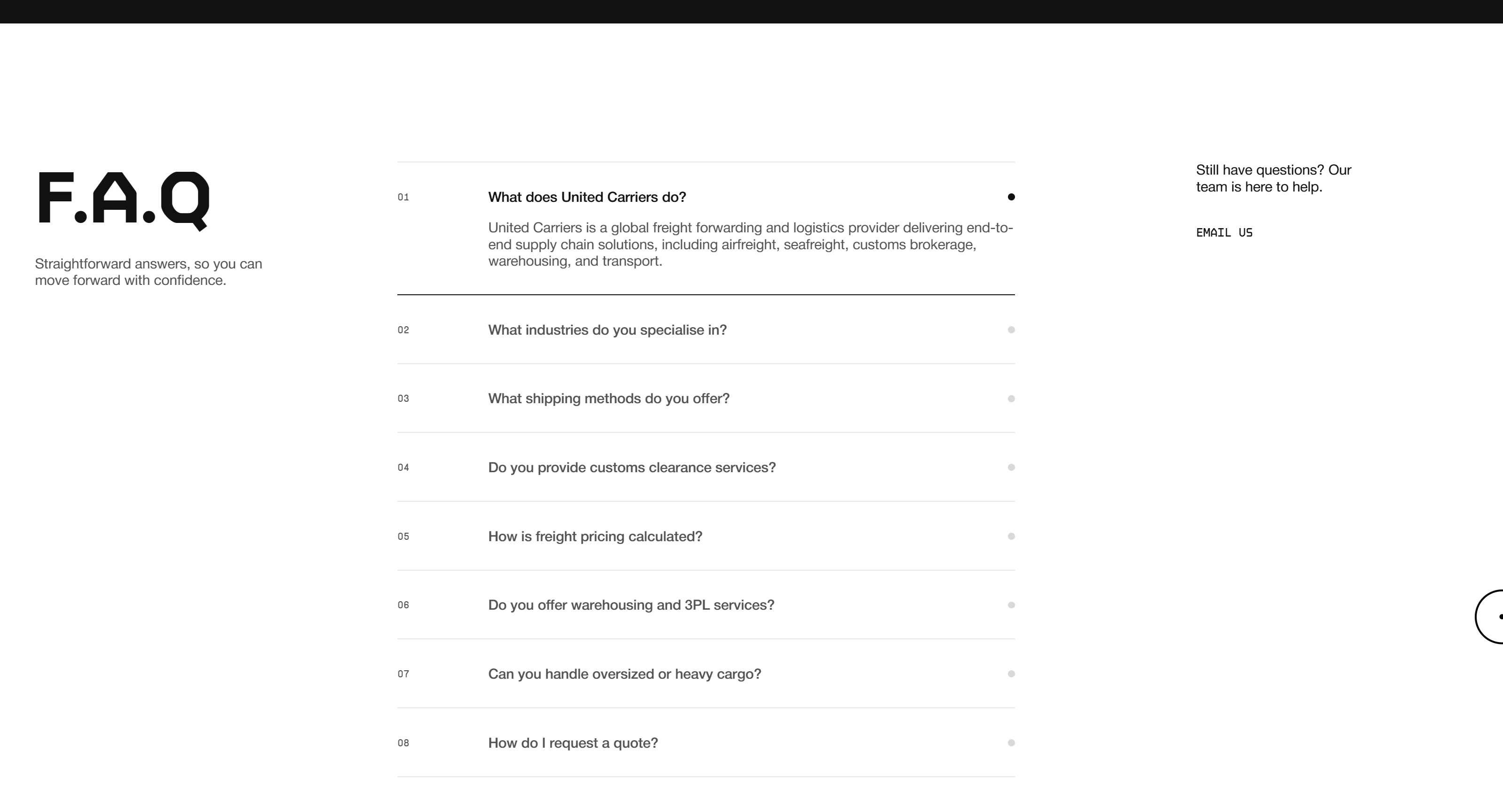 United Carriers Секция «FAQ» с сайта https://unitedcarriers.com/, тематика — Логистика, цвета — Белый, Черный, стиль — Корпоративный, Минимализм, типографика — Без засечек