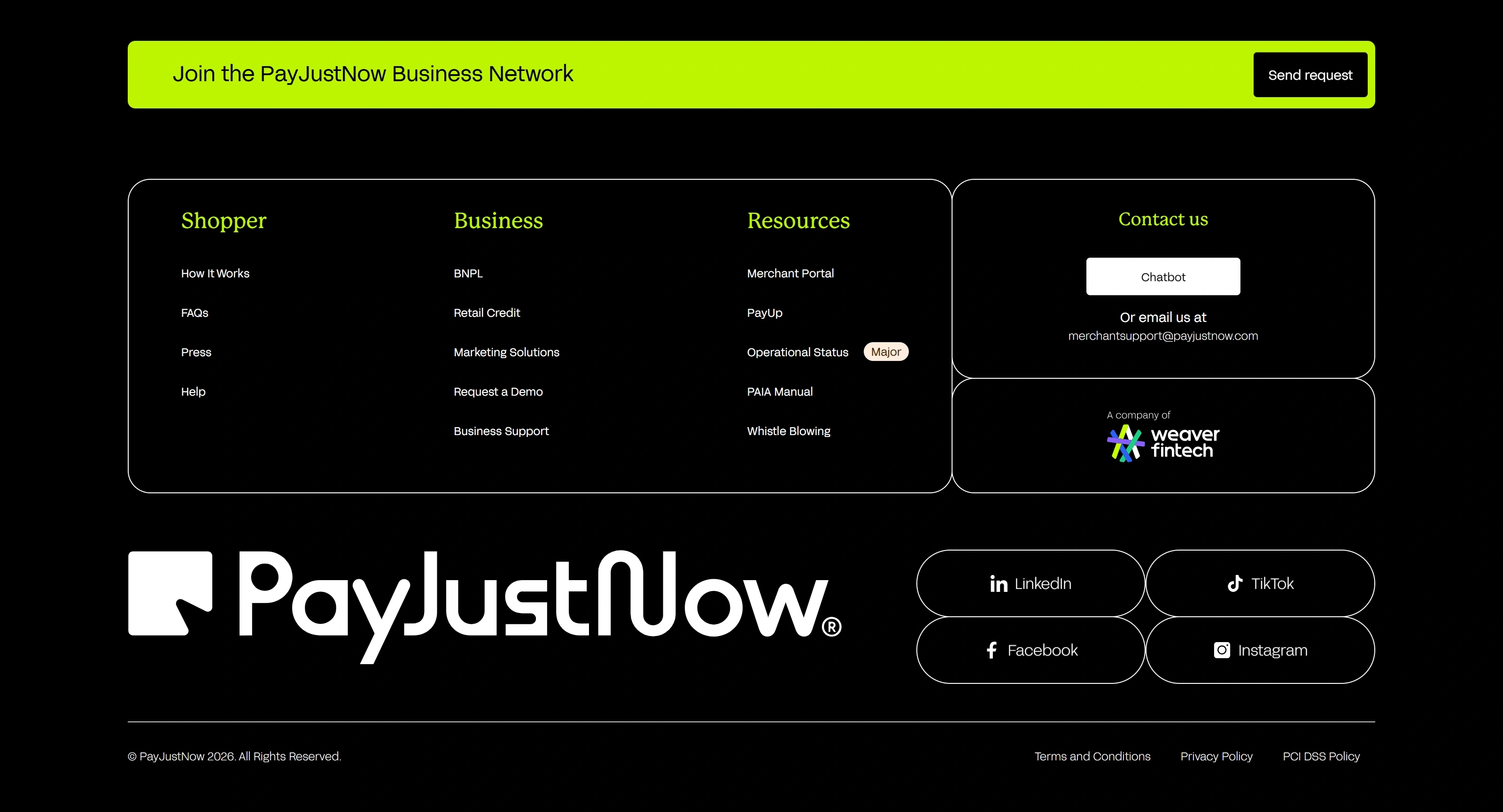 PayJustNow Секция «Футер» с сайта https://payjustnow.com/, тематика — Финансы, цвета — Черный, стиль — Корпоративный, Минимализм, типографика — Без засечек
