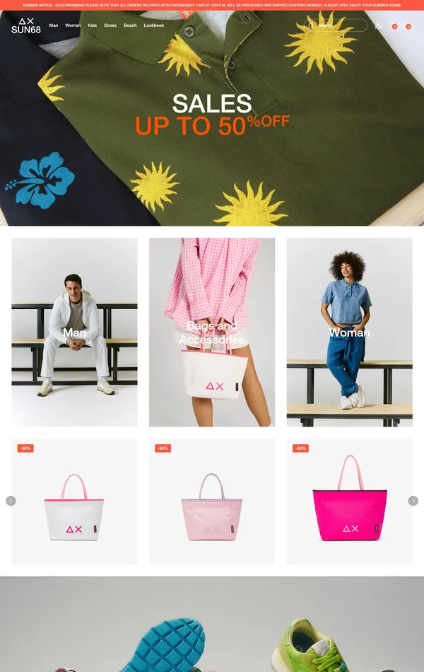 Каталог SUN68, тематика — Интернет-магазин, Одежда, цвета — Белый, Черный, Серый, стиль — Корпоративный, типографика — Без засечек