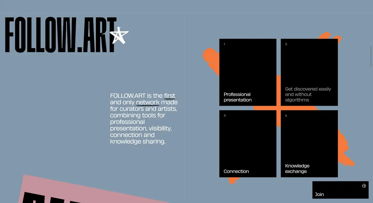 Секция «О компании» с сайта https://follow.art/, тематика — Искусство, цвета — Черный, Серый, стиль — Карточный, Брутализм, типографика — Без засечек, Декоративные