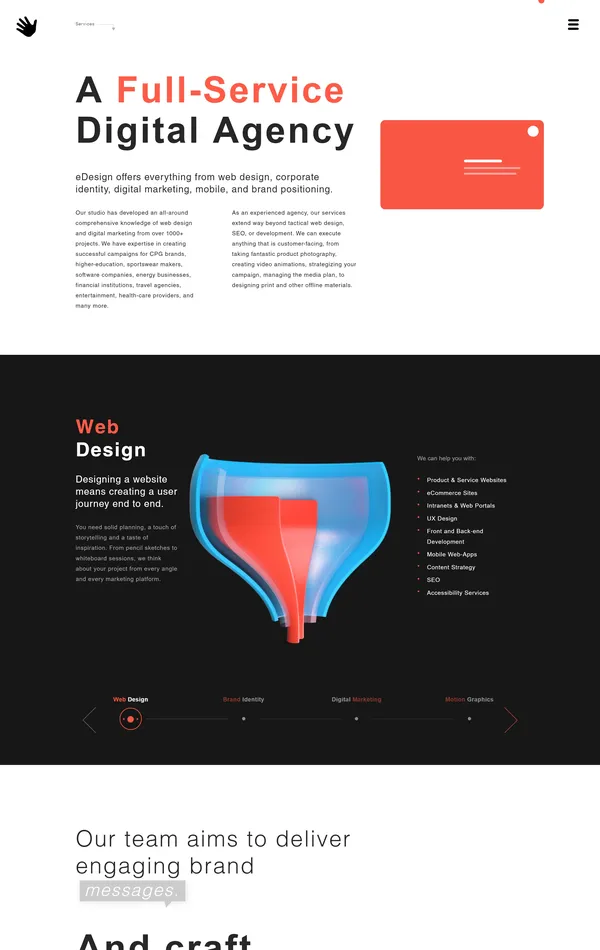 Страница о компании eDesign Interactive, тематика — Агентство , цвета — Белый, Черный, стиль — Корпоративный, типографика — Без засечек