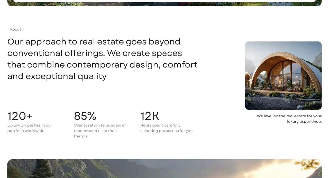 Секция «О компании» с сайта https://real-estate-gapsy.webflow.io/, тематика — Недвижимость, цвета — Белый, Черный, Серый, стиль — Минимализм, типографика — Без засечек
