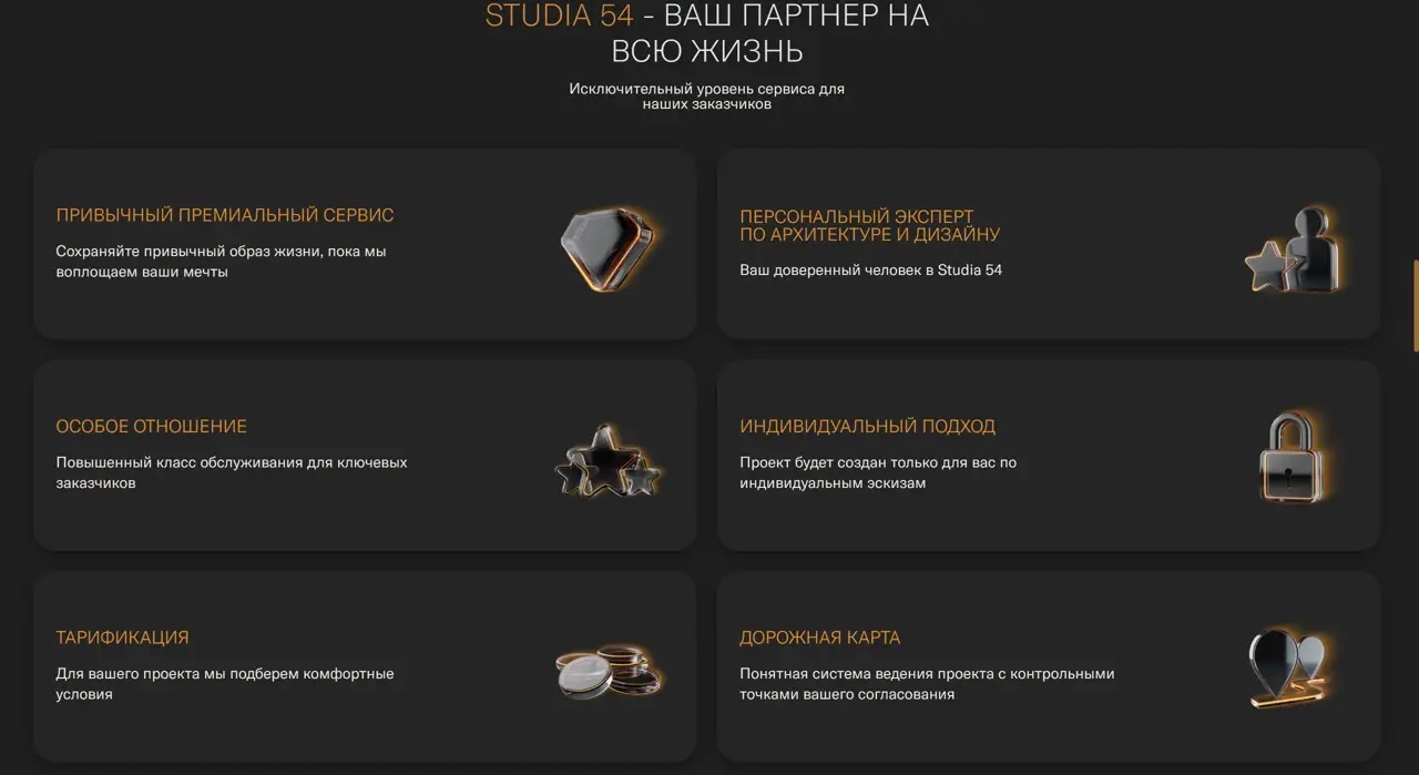 Секция «Услуги» с сайта https://studia-54.com/, тематика — Дизайн, цвета — Черный, стиль — Корпоративный, Карточный, типографика — Без засечек, Декоративные