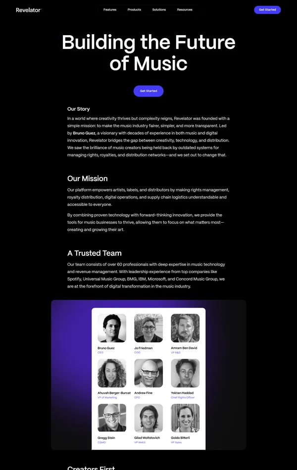 Страница о компании Revelator, тематика — IT и программное обеспечение, Музыка, цвета — Черный, стиль — Корпоративный, Минимализм, типографика — Без засечек