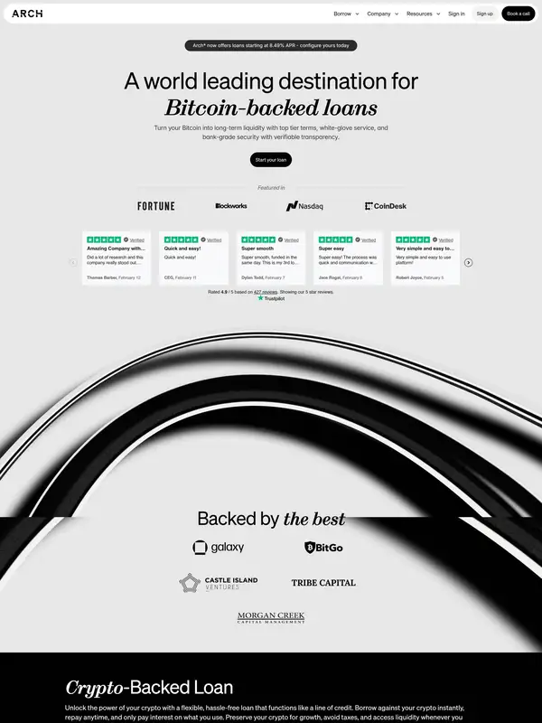 Главная Arch Lending, тематика — Крипто  и блокчейн, цвета — Белый, Черный, Серый, стиль — Корпоративный, Минимализм, типографика — Без засечек
