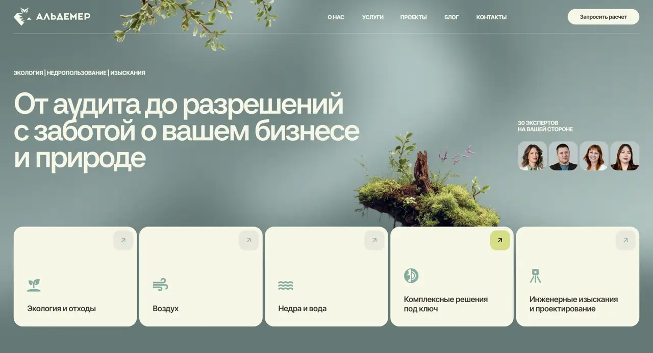 Секция «Первый экран» с сайта https://aldemer.ru/, тематика — Другое, цвета — Белый, Серый, стиль — Корпоративный, Карточный, Органический и природный, типографика — Без засечек