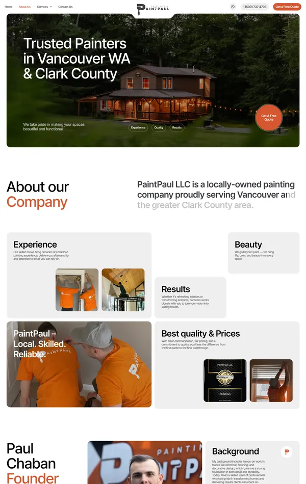 Страница о компании PaintPaul, тематика — Строительство, цвета — Белый, Черный, Серый, стиль — Корпоративный, типографика — Без засечек