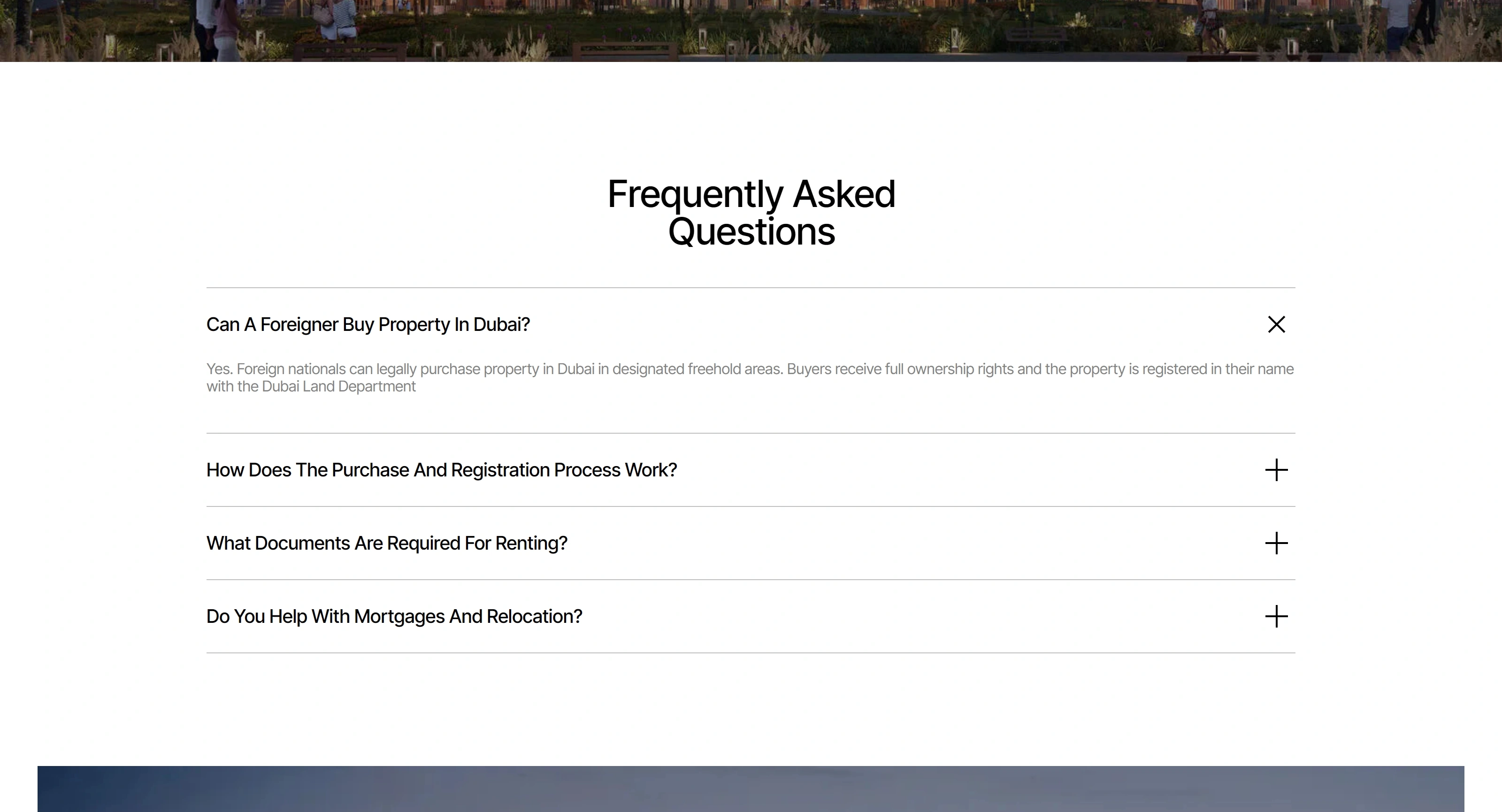 Urbanique Realty Секция «FAQ» с сайта https://urbaniquerealestate.com/, тематика — Недвижимость, цвета — Белый, Черный, Серый, стиль — Корпоративный, Минимализм, типографика — Без засечек