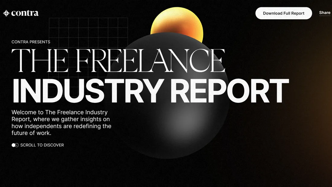 Секция «Первый экран» с сайта https://contra.com/freelance-industry-report-2021/, тематика — Бизнес и профессиональные услуги, цвета — Черный, стиль — Минимализм, типографика — С засечками, Без засечек