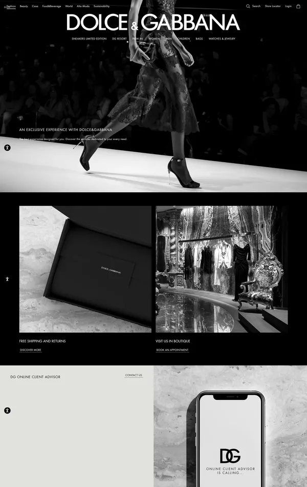 Страница о компании Dolce&Gabbana, тематика — Одежда, цвета — Белый, Черный, Серый, стиль — Классический, Минимализм, типографика — Без засечек