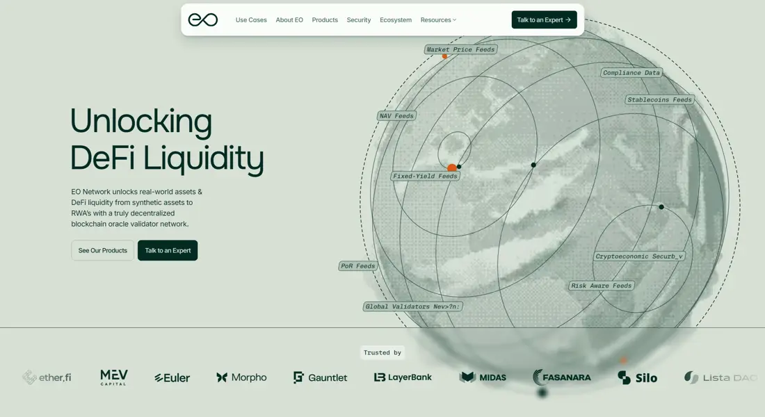 Секция «Первый экран» с сайта https://eo.app/#hero, тематика — Крипто  и блокчейн, цвета — Белый, Серый, стиль — Корпоративный, Полигональный, типографика — Без засечек