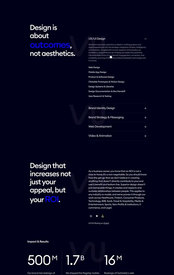 Услуги Wolf&Whale, тематика — Дизайн, цвета — Черный, стиль — Корпоративный, Минимализм, Типографика, типографика — Без засечек