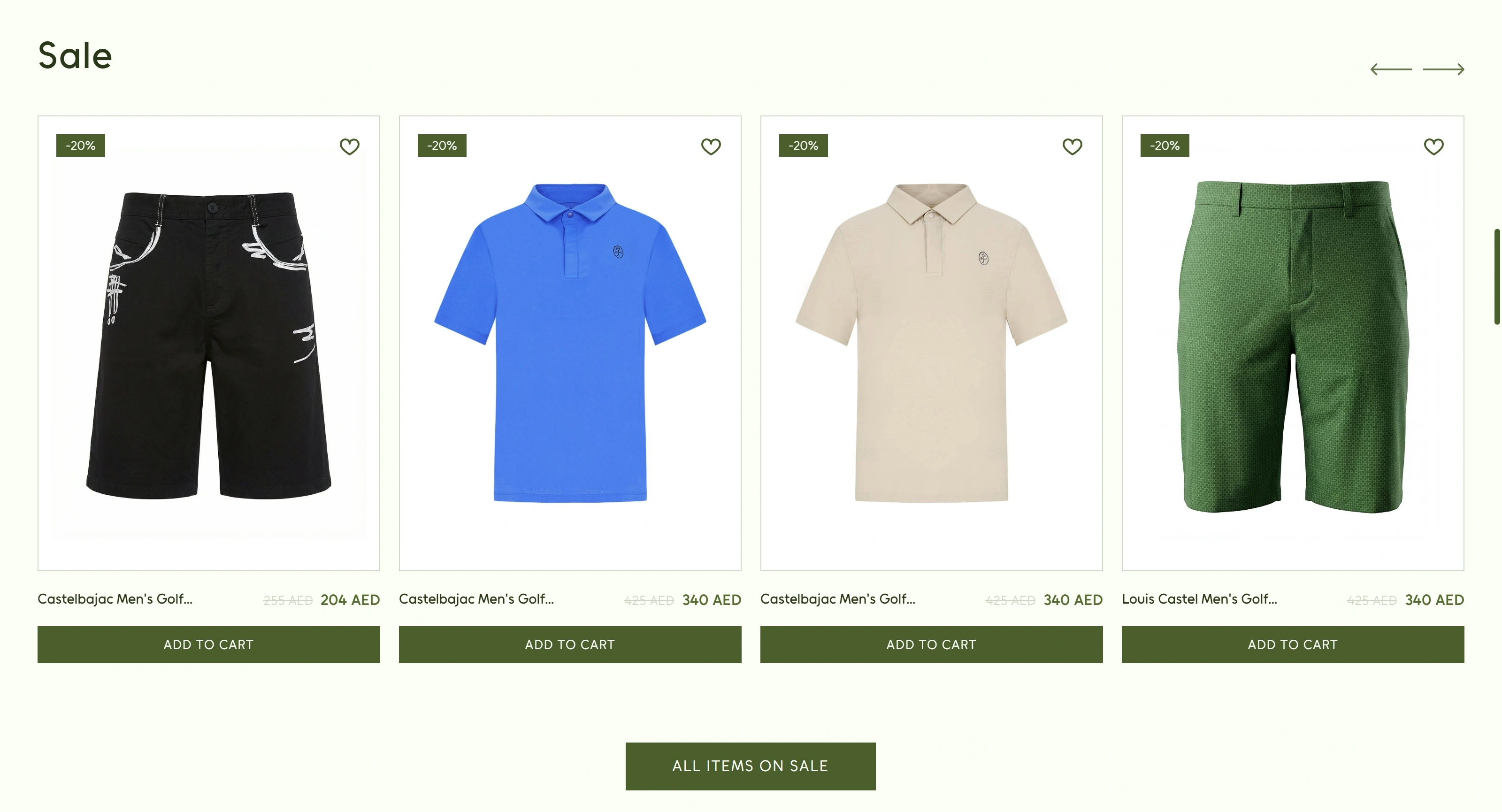 GreenGolf Секция «Товары» с сайта https://greengolf.ae/, тематика — Интернет-магазин, цвета — Белый, Черный, Серый, стиль — Карточный, Минимализм, типографика — Без засечек