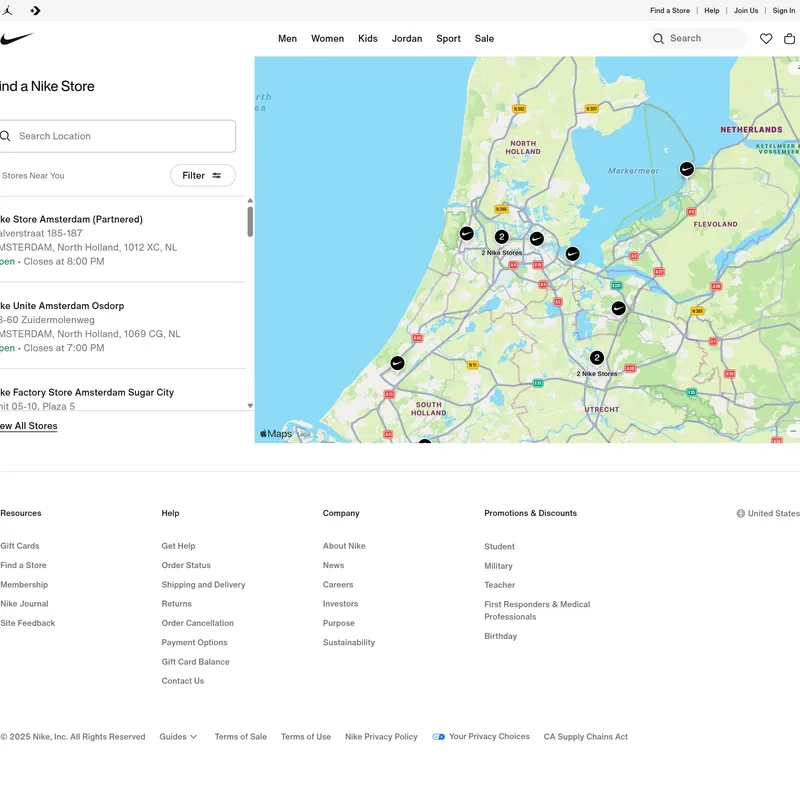 Секция «Карты» с сайта https://www.nike.com/, тематика — Интернет-магазин, Одежда, цвета — Белый, стиль — Корпоративный, Минимализм, типографика — Без засечек