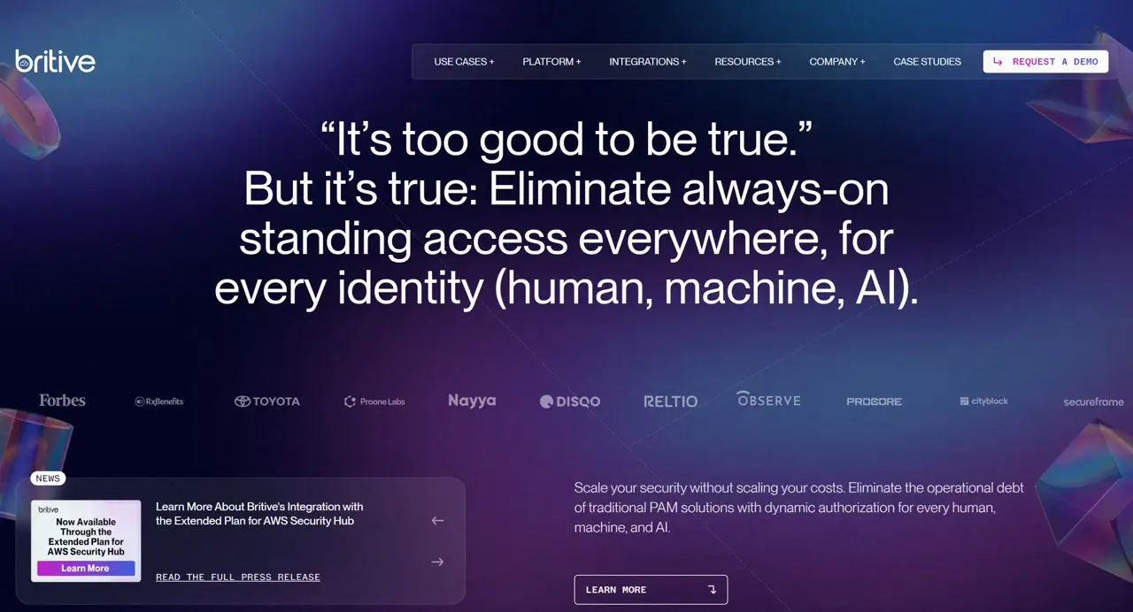 Секция «Первый экран» с сайта https://britive.madebybuzzworthy.com/, тематика — SaaS, цвета — Черный, Серый, стиль — Корпоративный, типографика — Без засечек