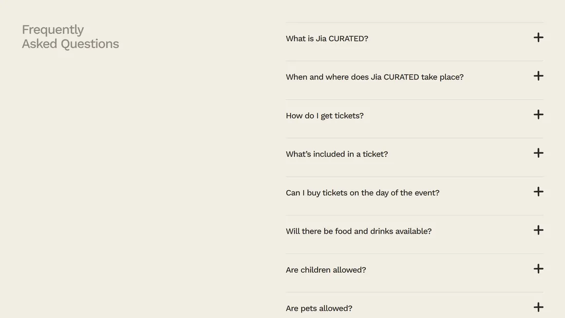 Секция «FAQ» с сайта https://www.jiacurated.com/, тематика — Мероприятия, цвета — Белый, стиль — Минимализм, типографика — Без засечек