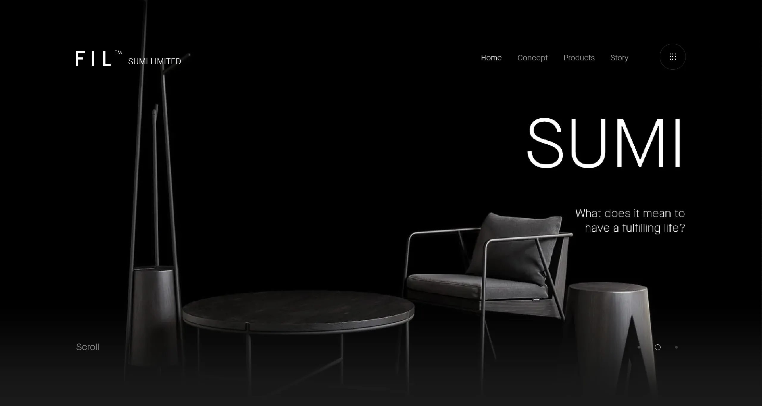 SUMI LIMITED Секция «Первый экран» с сайта https://sumi.fillinglife.co/en, тематика — Дизайн, цвета — Черный, стиль — Минимализм, типографика — Без засечек