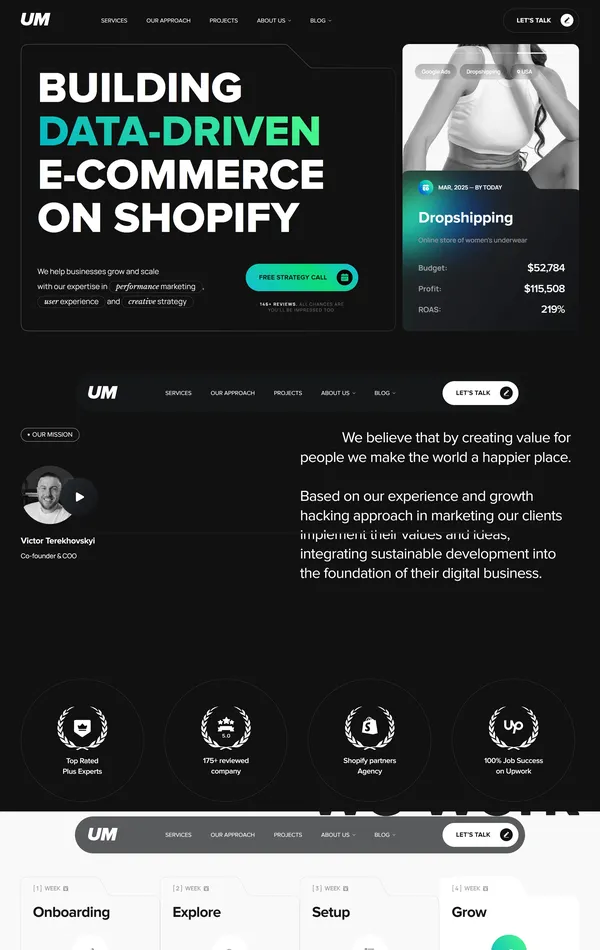 Главная UM, тематика — Маркетинг, Бизнес и профессиональные услуги, цвета — Белый, Черный, стиль — Корпоративный, Минимализм