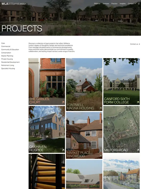 Портфолио Williams Lester Architects, тематика — Дизайн, цвета — Белый, Черный, Серый, стиль — Корпоративный, Карточный, типографика — Без засечек