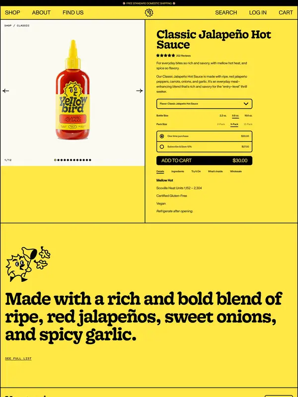 Продукт Yellowbird, тематика — Еда и напитки, цвета — Белый, Желтый, стиль — Минимализм, Брутализм, типографика — Без засечек, Декоративные