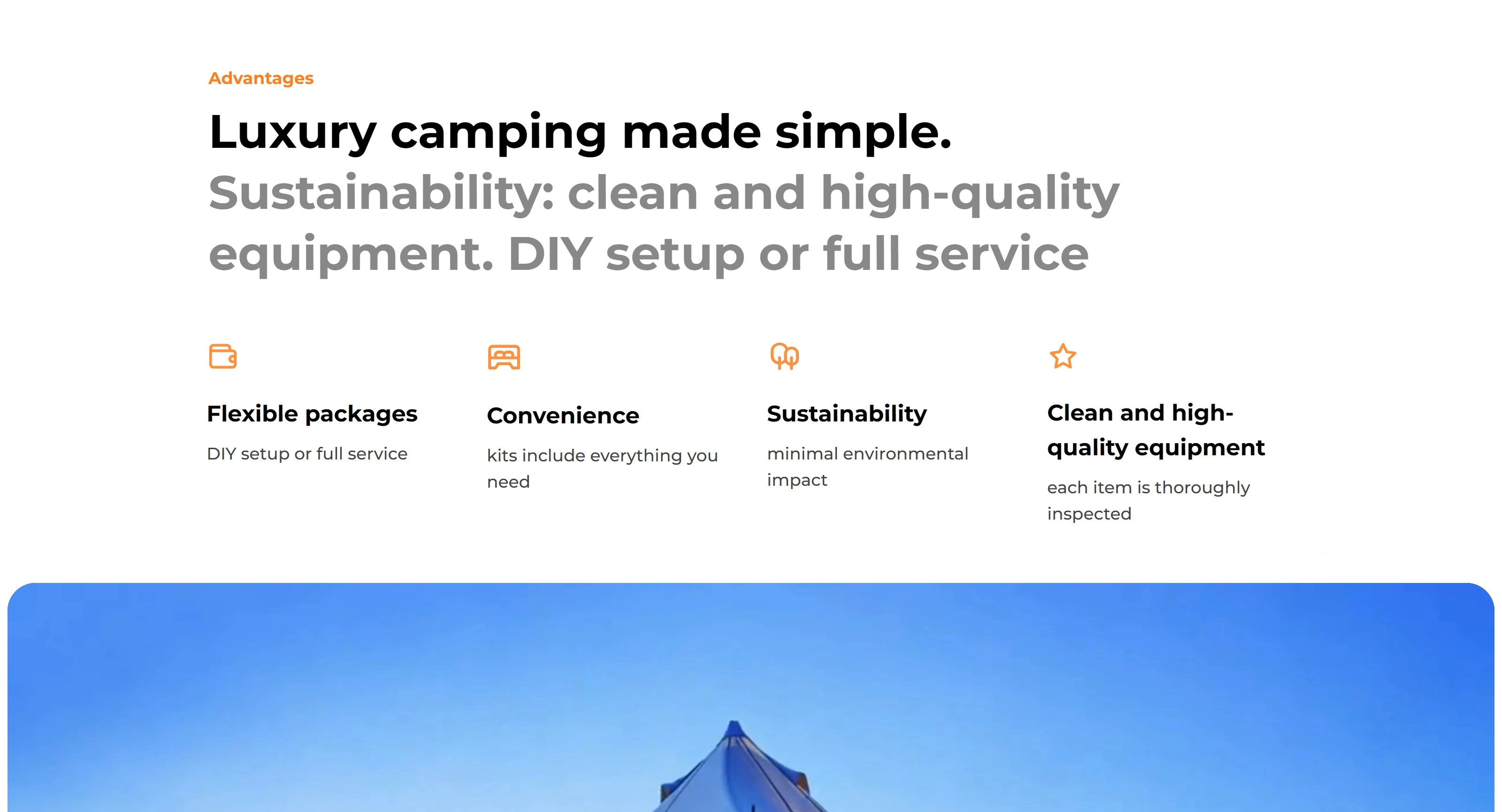Luxury Glamping Секция «Преимущества» с сайта https://glampitnow.com/, тематика — Путешествия и туризм, цвета — Белый, Серый, Синий, стиль — Корпоративный, Минимализм, типографика — Без засечек