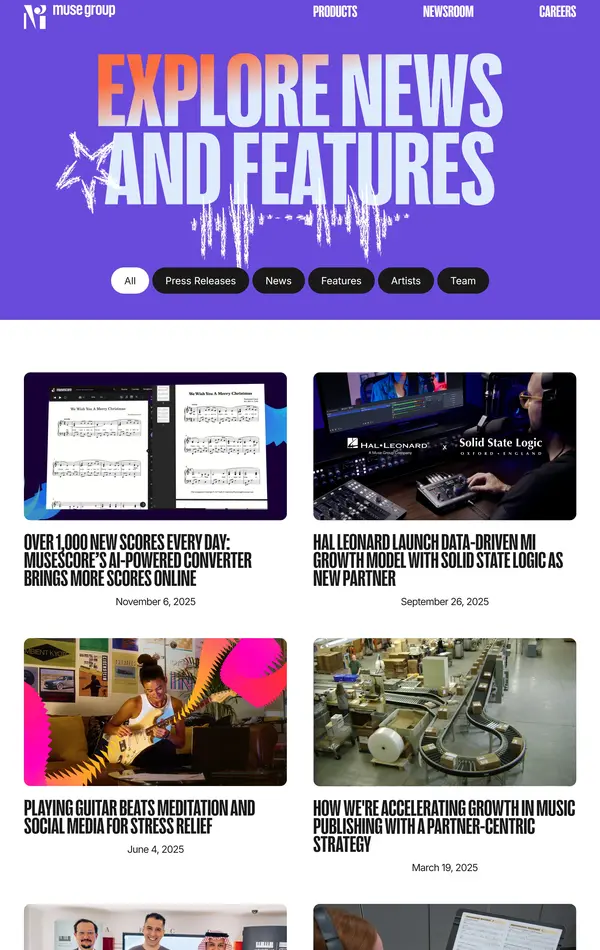 Новости Muse Group, тематика — Музыка, цвета — Белый, Черный, Серый, Фиолетовый, стиль — Типографика, типографика — Без засечек