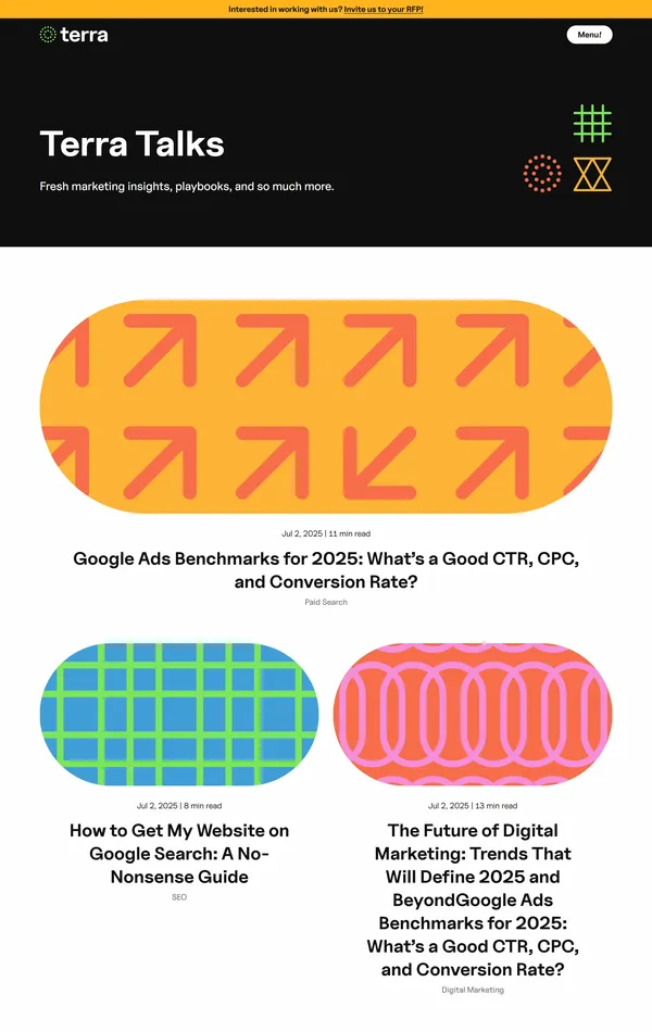 Блог Terra, тематика — Маркетинг, цвета — Белый, Черный, стиль — Корпоративный, Карточный, Минимализм, типографика — Без засечек