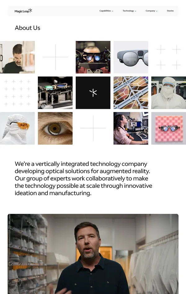 Страница о компании Magic Leap, тематика — IT и программное обеспечение, цвета — Белый, Серый, стиль — Корпоративный, Минимализм, типографика — Без засечек