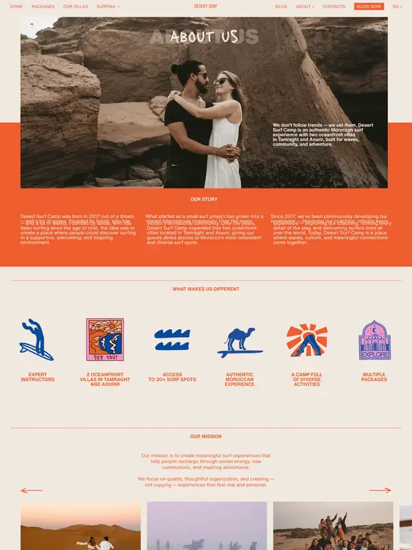 Страница о компании Desert Surf Camp, тематика — Путешествия и туризм, цвета — Белый, Серый, Розовый, стиль — Карточный, Органический и природный, типографика — Без засечек