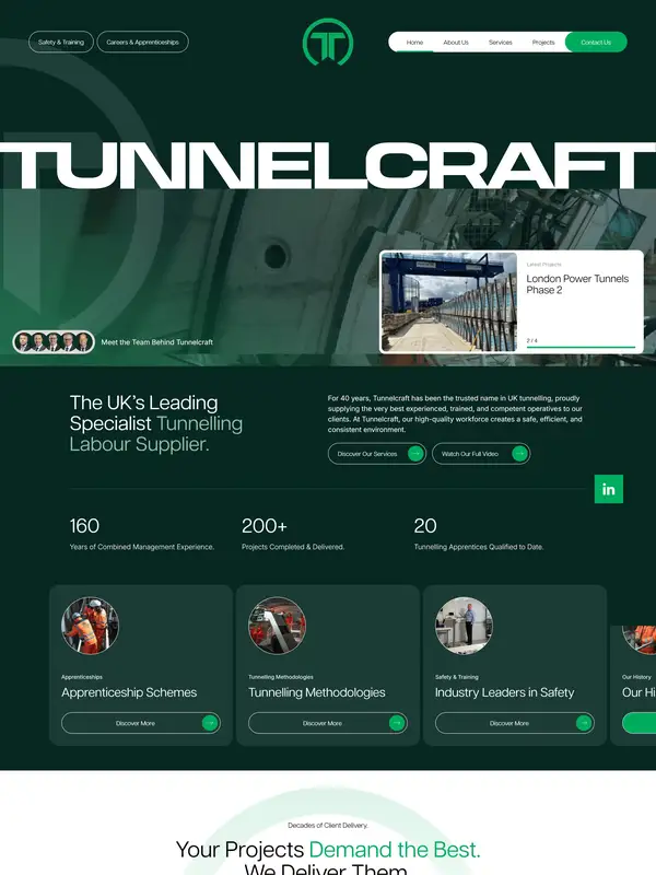 Главная Tunnelcraft, тематика — Строительство, цвета — Белый, Черный, Серый, стиль — Корпоративный, Карточный, типографика — Без засечек, Декоративные