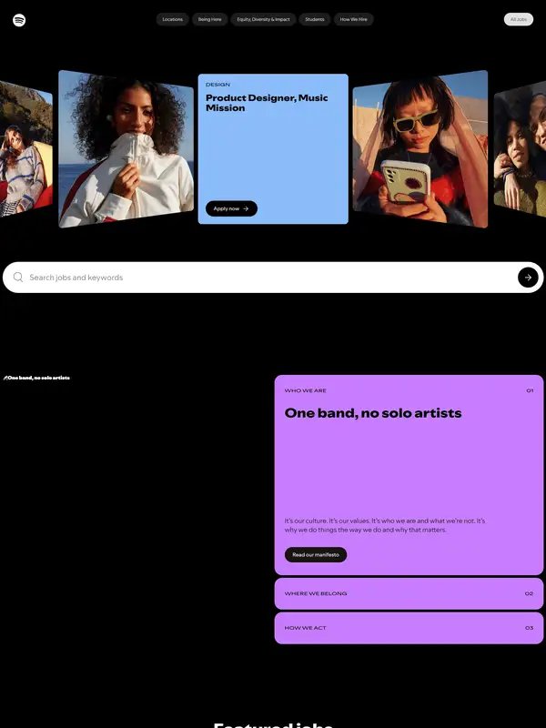 Страница карьеры Spotify, тематика — Музыка, цвета — Черный, Серый, стиль — Карточный, Минимализм, типографика — Без засечек