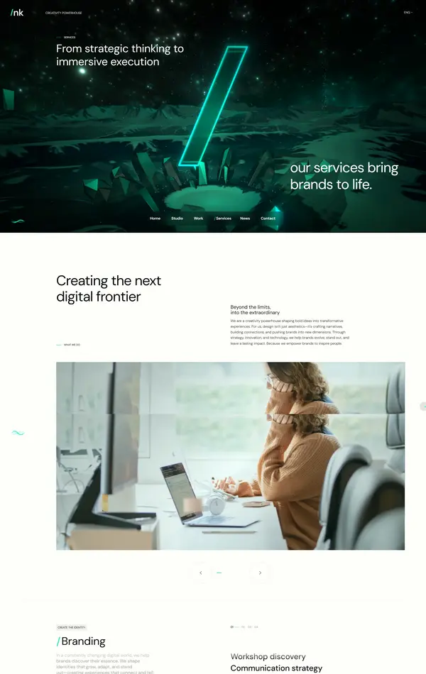 Услуги nk.studio, тематика — Дизайн, цвета — Белый, Черный, Серый, стиль — Корпоративный, Полигональный, типографика — Без засечек