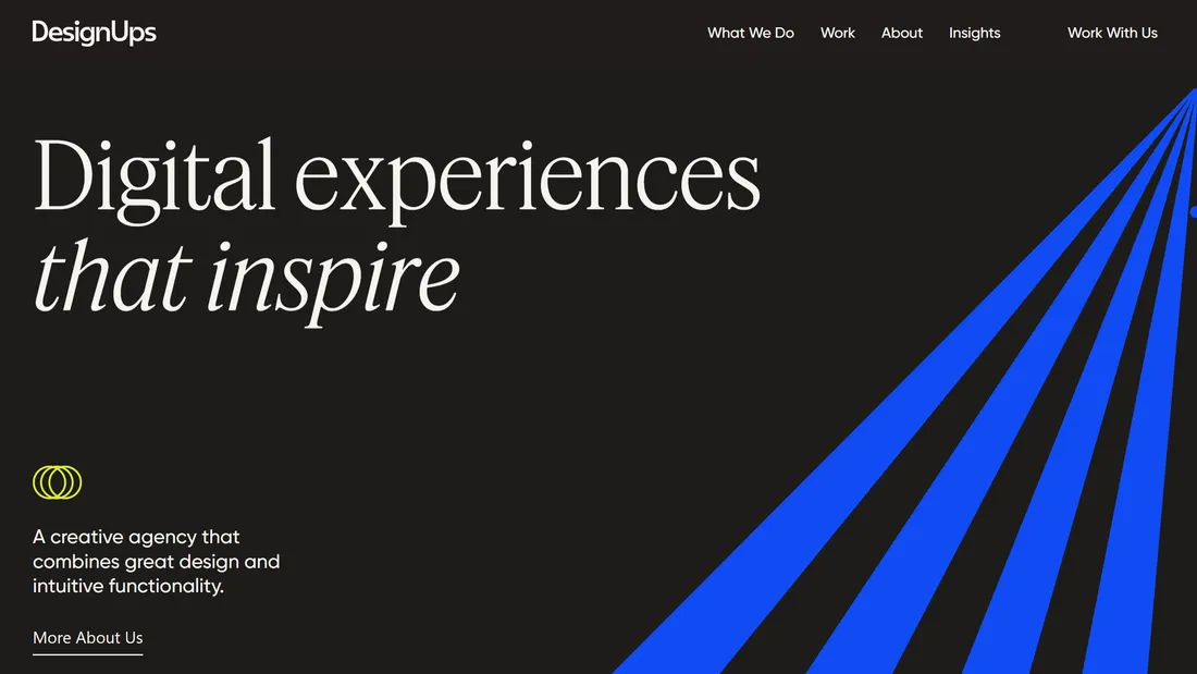 Секция «Первый экран» с сайта https://designups.com/, тематика — Агентство , цвета — Черный, Синий, стиль — Минимализм, Полигональный, типографика — Без засечек, С засечками