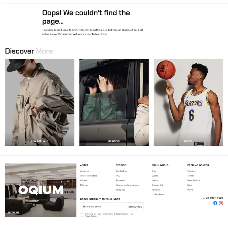 404-страница Oqium, тематика — Интернет-магазин, цвета — Белый, Черный, Серый, стиль — Минимализм, типографика — Без засечек