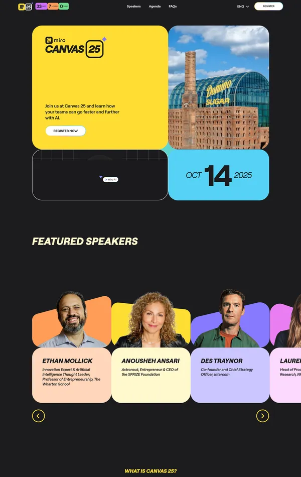 Лендинг Miro, тематика — Мероприятия, цвета — Черный, Желтый, стиль — Корпоративный, Фестивальный, типографика — Без засечек