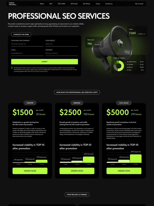 Услуги MARKET PARTNERS, тематика — Маркетинг, цвета — Черный, стиль — Корпоративный, Карточный, типографика — Без засечек