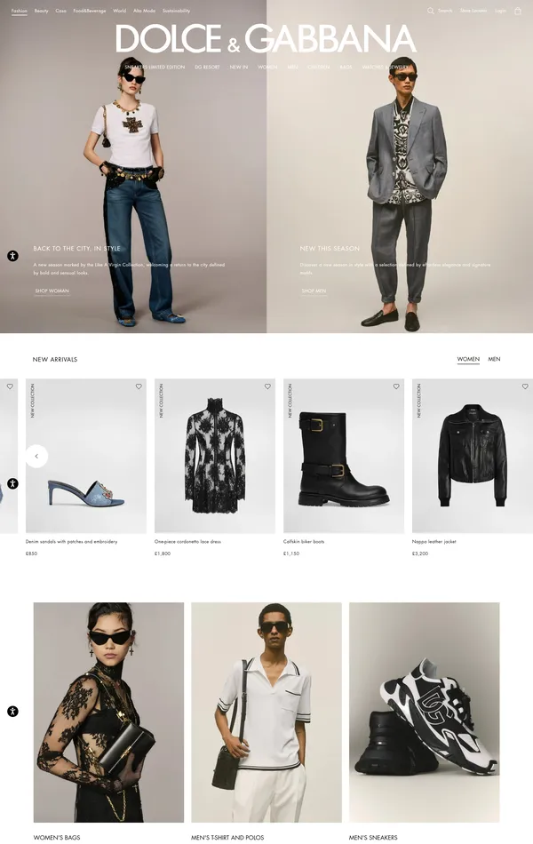 Главная Dolce & Gabbana, тематика — Интернет-магазин, Одежда, цвета — Белый, Черный, Серый, стиль — Корпоративный, типографика — Без засечек