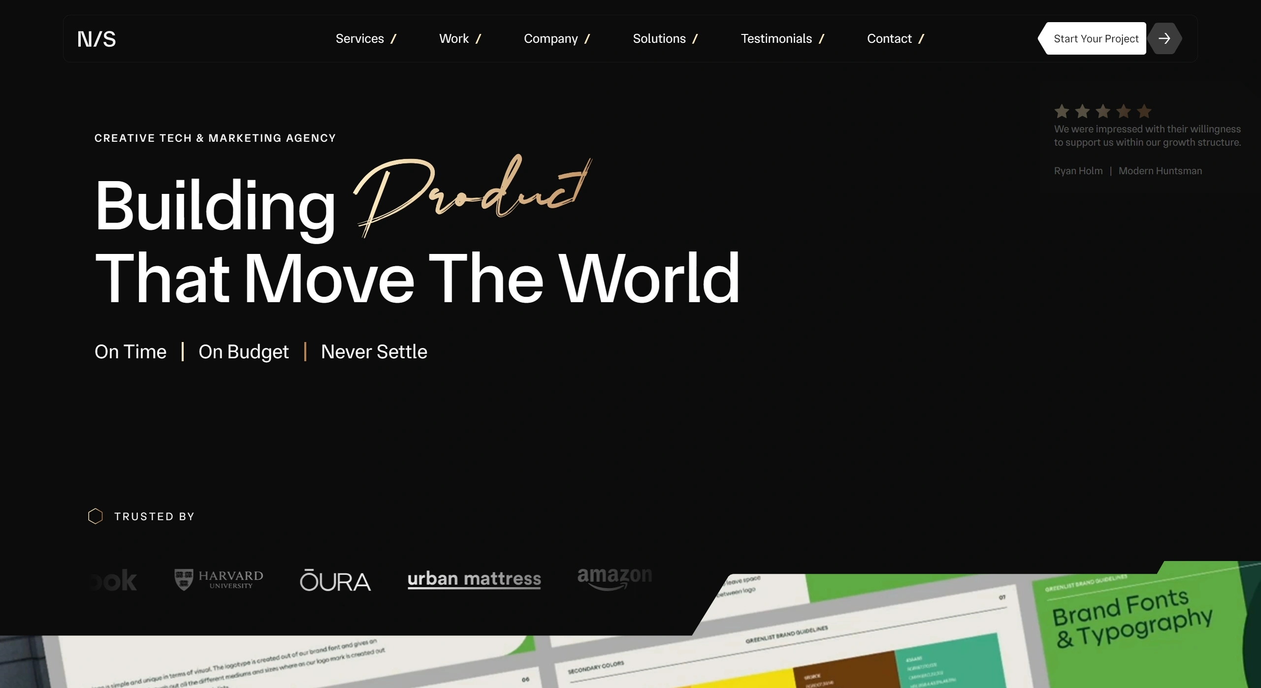 Never Settle Секция «Первый экран» с сайта https://www.neversettle.it/, тематика — Агентство , цвета — Черный, стиль — Корпоративный, Минимализм, типографика — Без засечек, Рукописные