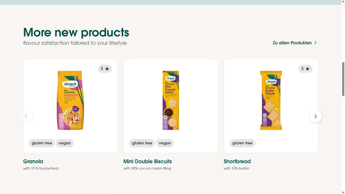 Секция «Товары» с сайта https://www.alnavit.de/en, тематика — Интернет-магазин, Еда и напитки, цвета — Белый, стиль — Корпоративный, типографика — Без засечек