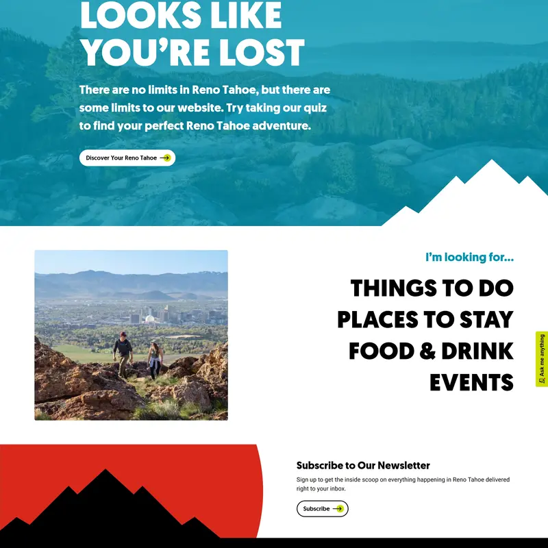 404-страница Visit Reno Tahoe, тематика — Путешествия и туризм, цвета — Белый, Черный, Серый, Синий, стиль — Типографика, типографика — Без засечек