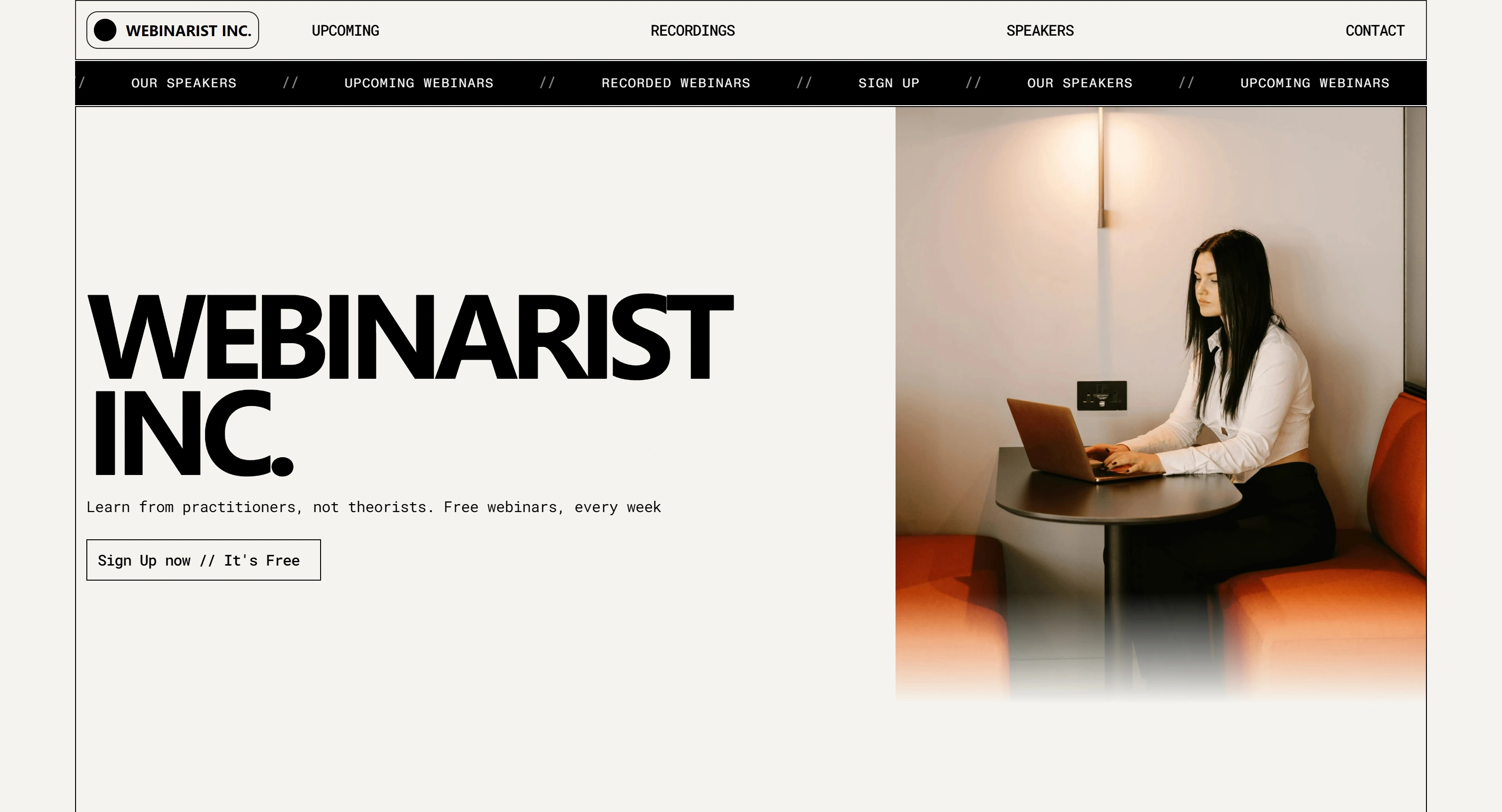 Webinar Brutalist Секция «Первый экран» с сайта https://webinarist.framer.website/, тематика — SaaS, цвета — Белый, Черный, Серый, стиль — Минимализм, Брутализм, типографика — Без засечек