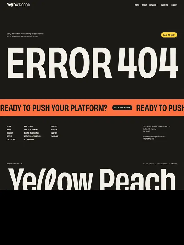 404-страница Yellow Peach, тематика — Агентство , цвета — Черный, стиль — Минимализм, Брутализм, типографика — Без засечек, Декоративные