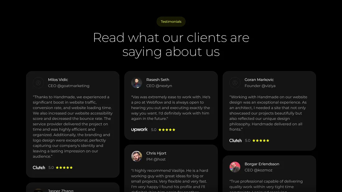 Секция «Отзывы» с сайта https://subscription.handmade.company/, тематика — Дизайн, цвета — Черный, стиль — Минимализм, типографика — Без засечек